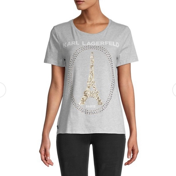Karl Lagerfeld 3X Paris Eiffel Tower Grey Heath Sequin T shirt Graphic - Picture 1 of 12